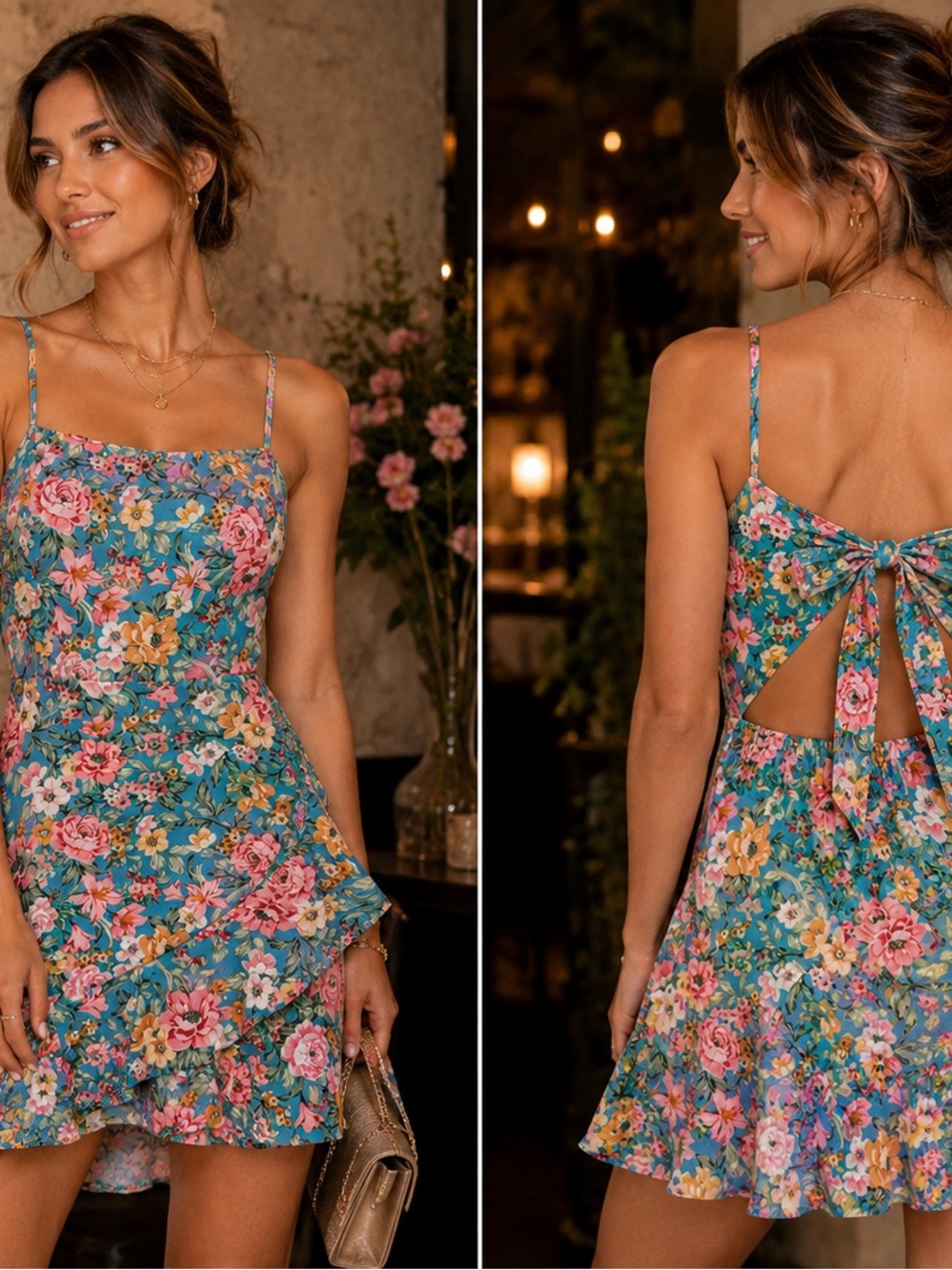 Blue Floral Ruffle Dress Open Back NWT Small